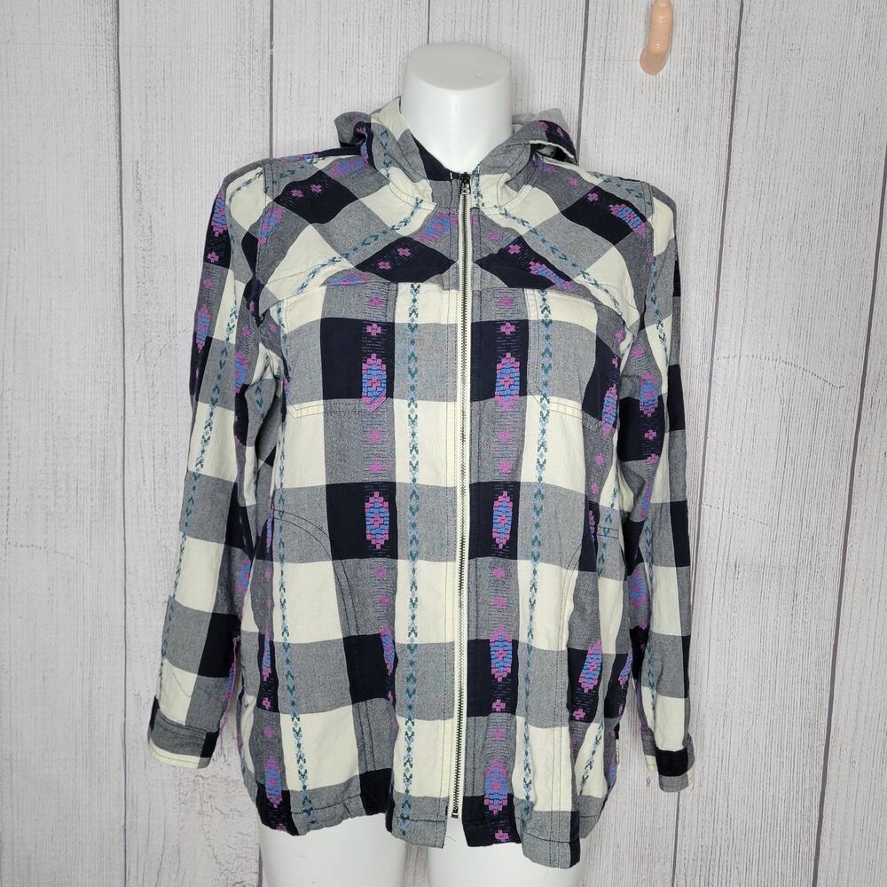 Woolrich Harrington Eco Rich Black White Grey Hooded Plaid Aztec Jacket Size XL